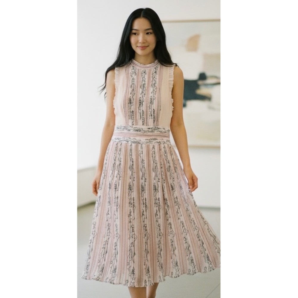 Geisha Designs Pink Illustrated Pleated  Dress Women's‎ Size 4 Mock Neck Ruffle